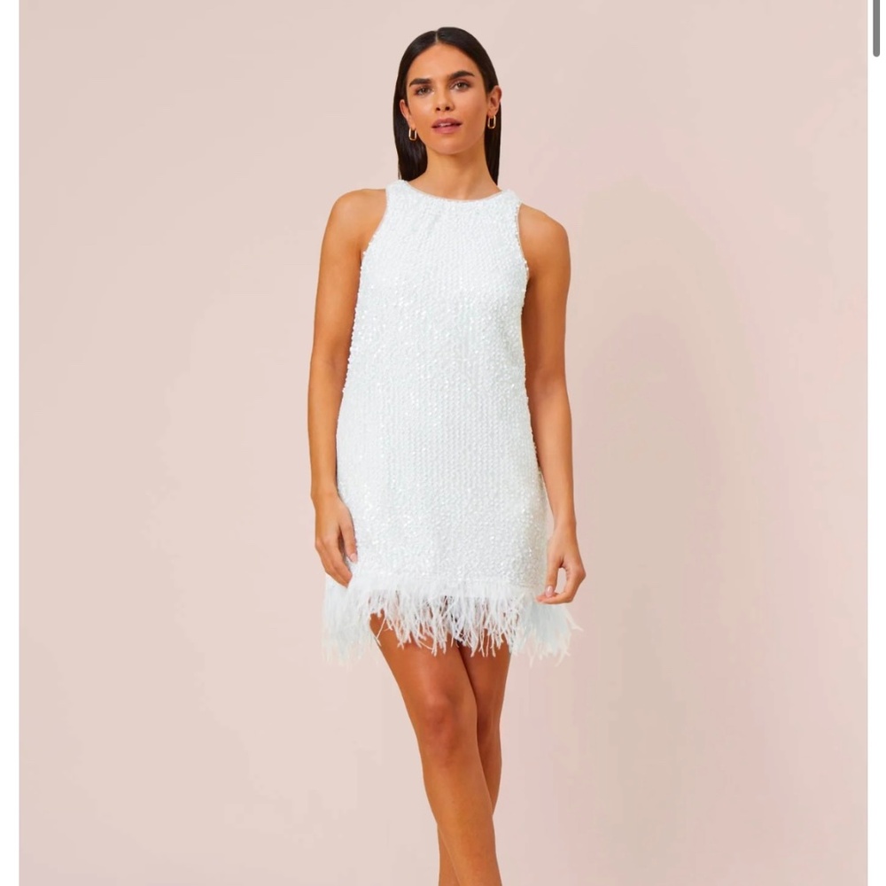 Aidan Mattox Halter Sequin Trapeeze dress with feather trim. Size 6 new NET